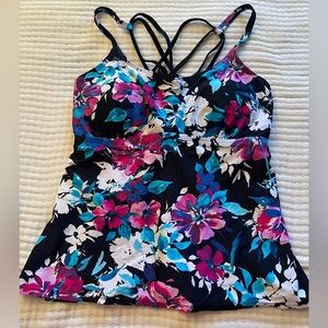 Island Waves Floral Tankini Swim Top- Black, Pink, Blue